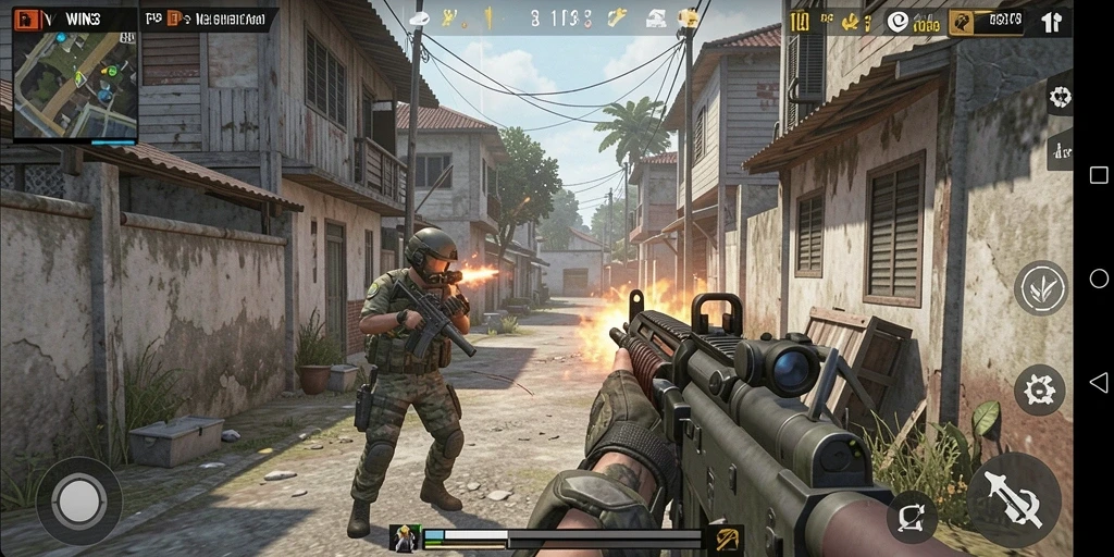 Screenshot gameplay WIN33 menampilkan aksi seru di medan perang TPS.